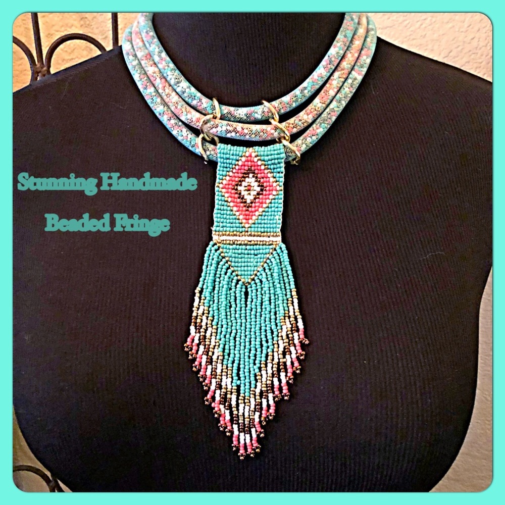 ✨Ethnic Festival/Boho Turq.Beaded Tassel Necklace✨ - Picture 3 of 7